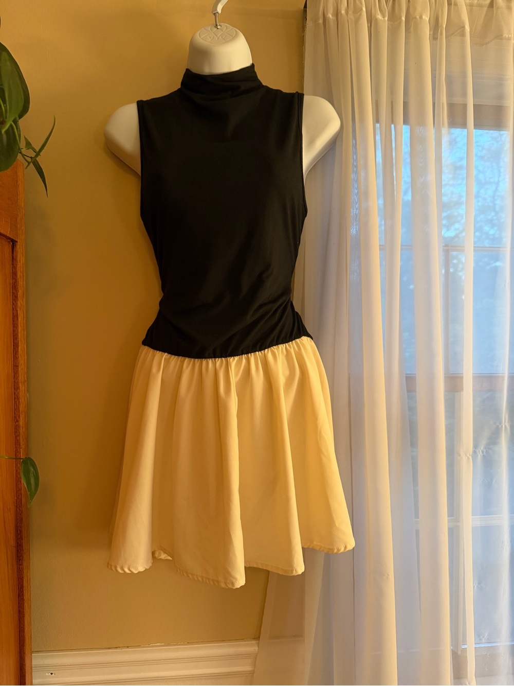 SHEIN Black Mock Neck Sleeveless Top with Cream Skater Skirt Mini Dress